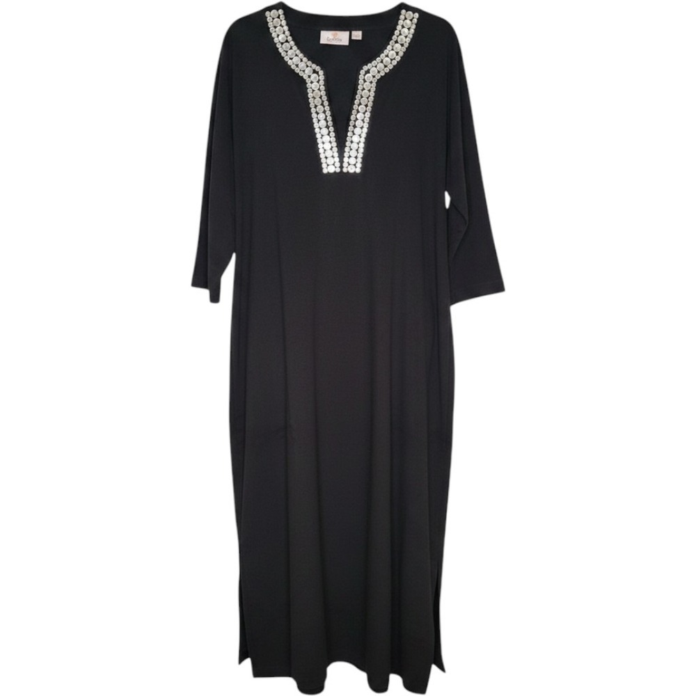 Quacker Factory Cover Up Dress Women's Size L Black Terrycloth Resort Coastal